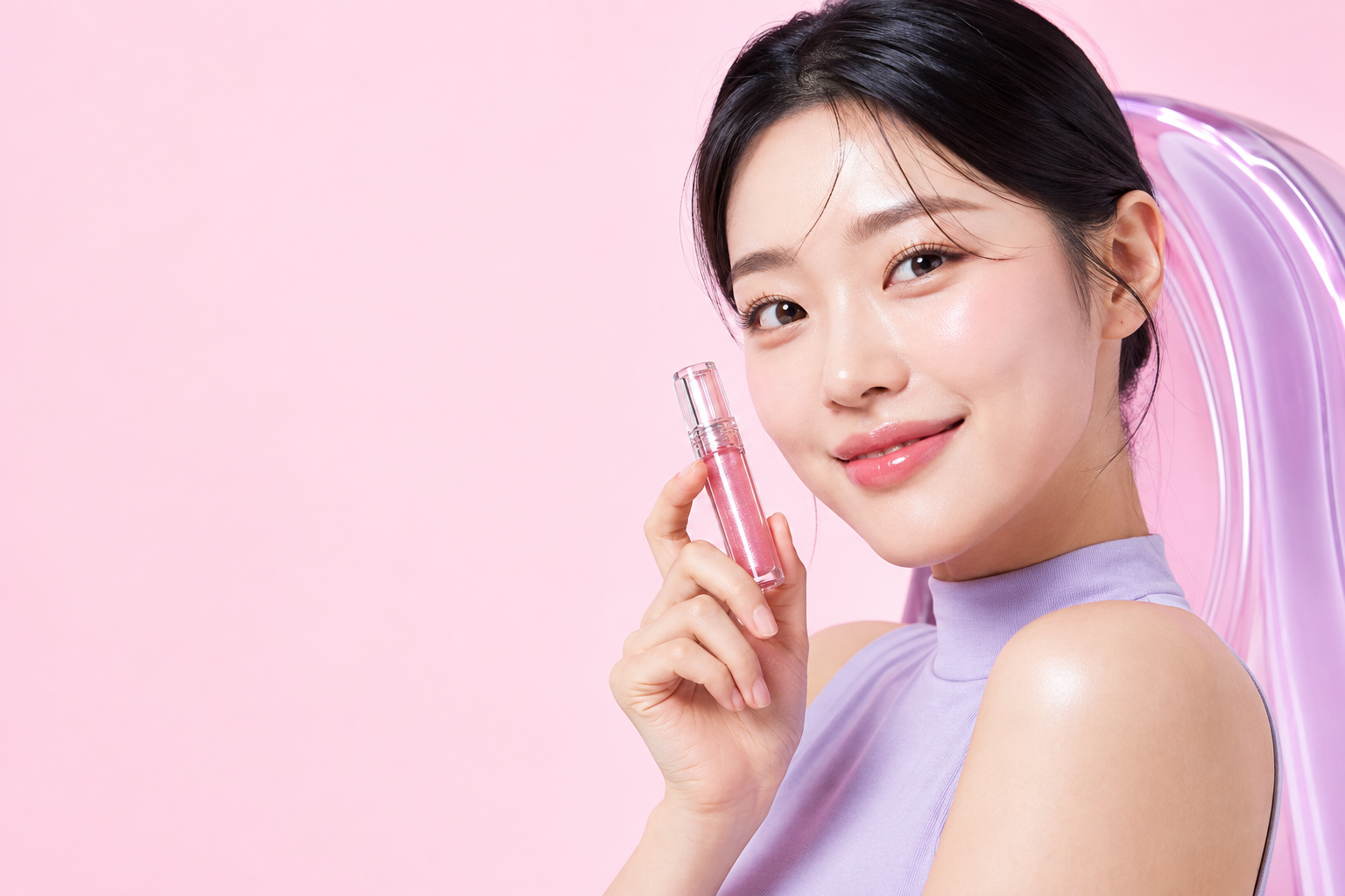 핑크 립글로스를 든 모델의 뷰티 캠페인